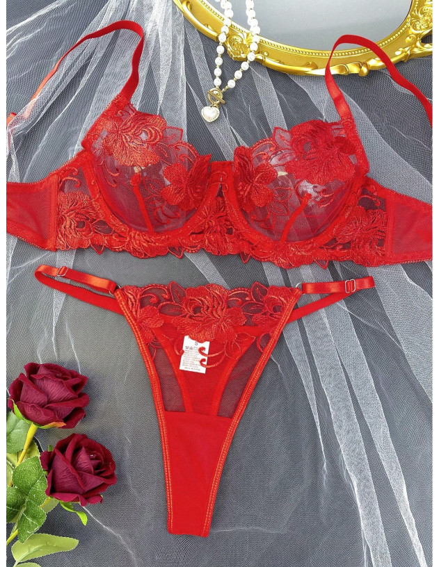 Sujetador tipo bralette de malla con bordado floral para mujer con braguitas triangulares a juego, conjunto de lencería sexy de