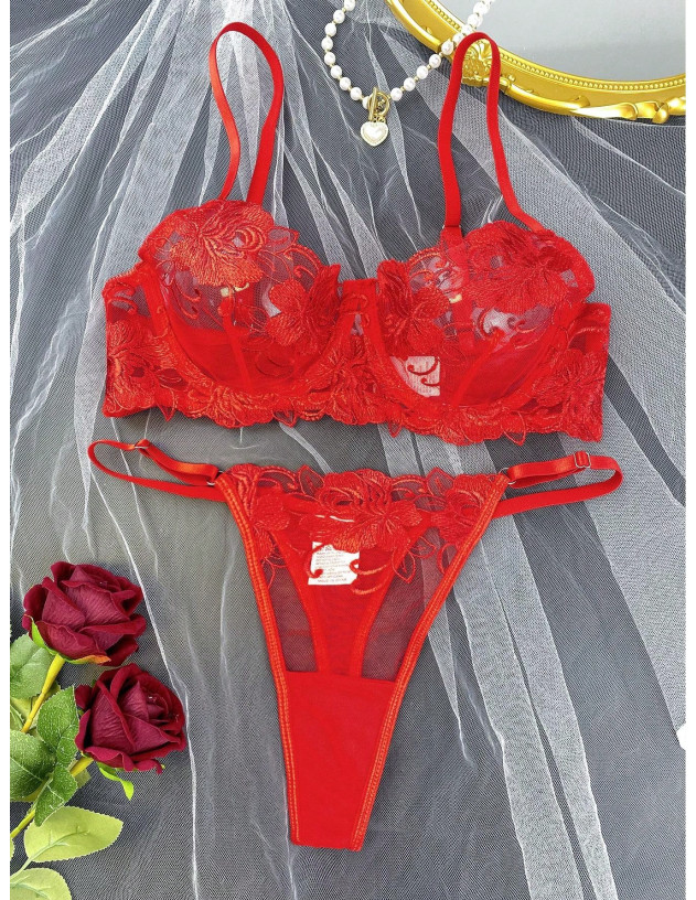 Sujetador tipo bralette de malla con bordado floral para mujer con braguitas triangulares a juego, conjunto de lencería sexy de