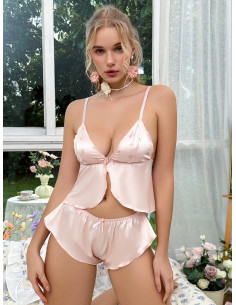 SHEIN FloralLove Conjunto de lencería con camiseta y pantalones de lunares rosas con estampado floral de rosa para mujeres