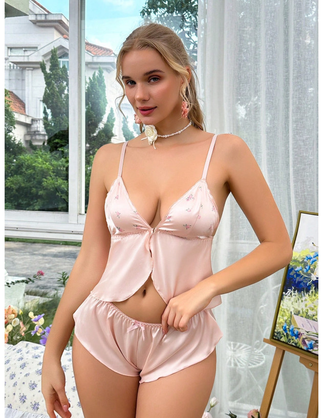 SHEIN FloralLove Conjunto de lencería con camiseta y pantalones de lunares rosas con estampado floral de rosa para mujeres