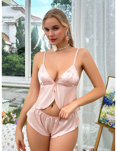 SHEIN FloralLove Conjunto de lencería con camiseta y pantalones de lunares rosas con estampado floral de rosa para mujeres