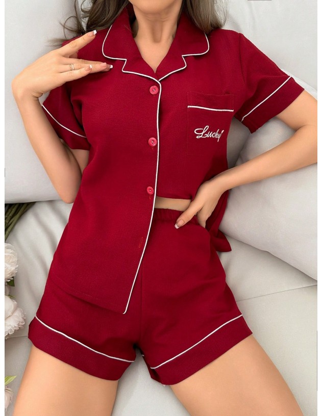 Conjunto de pijama con bordado de letras y ribete de contraste para mujeres