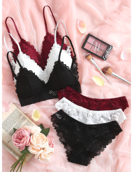 3 juegos de ropa interior de encaje floral de sostén y panty 3 juegos de ropa interior de encaje floral de sostén y panty
