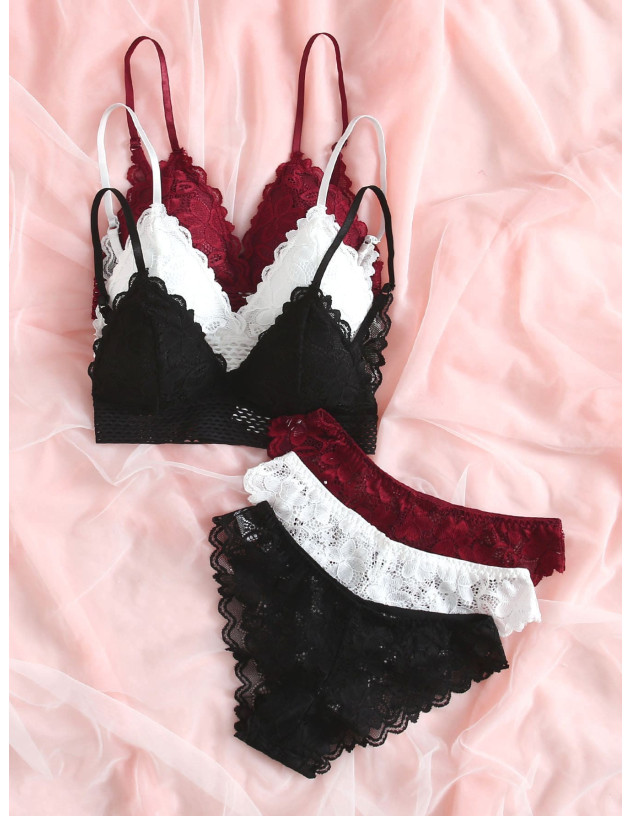 3 juegos de ropa interior de encaje floral de sostén y panty 3 juegos de ropa interior de encaje floral de sostén y panty