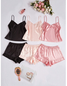 6 piezas Conjunto de ropa de dormir de unicolor, conjunto de pijama con camiseta de tirantes con volantes y pantalones cortos