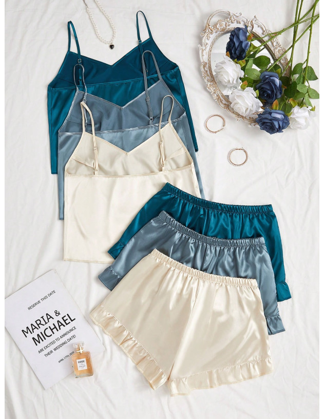 6 piezas Conjunto de ropa de dormir de unicolor, conjunto de pijama con camiseta de tirantes con volantes y pantalones cortos