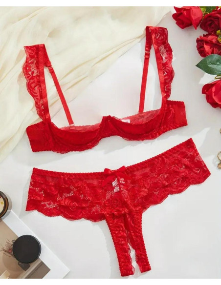 Conjunto De Sujetador De Encaje Sexy Para Mujeres Con Aros Y Borde Floral